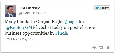 Many thanks to Gunjan Bagla @bagla for @ReutersGMF livechat today on post-election business opportunities in #India Many thanks to Gunjan Bagla @bagla for @ReutersGMF livechat today on post-election business opportunities in #India